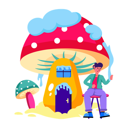 Man sitting near Mushroom House  Illustration