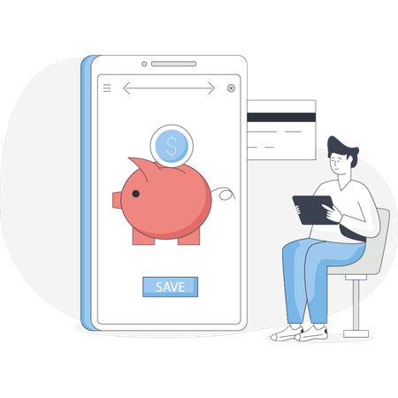 Man sitting on a chair holding a credit card next to a piggy bank contemplating financial decisions  Illustration