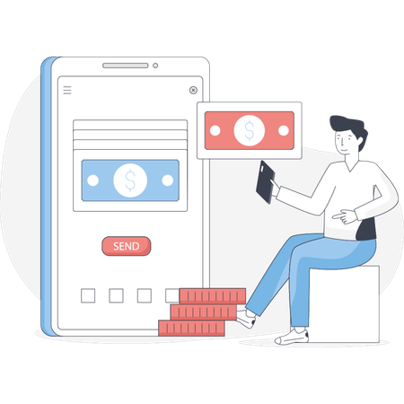 Man sitting on a chair with a stack of money and a mobile phone in his hands looking contemplative  Illustration