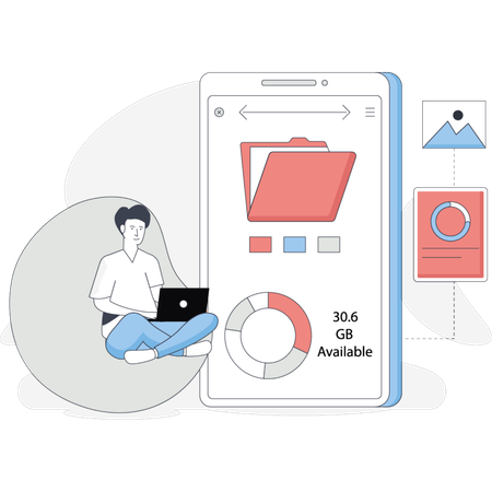 Man sitting on a couch working on a laptop with a folder beside him  Illustration