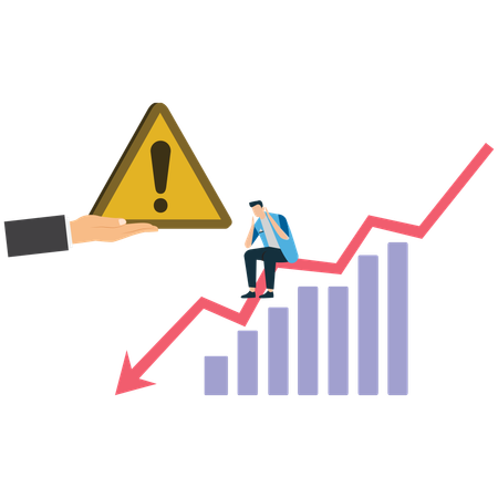 Man sitting on a falling chart with a warning sign ahead  Illustration