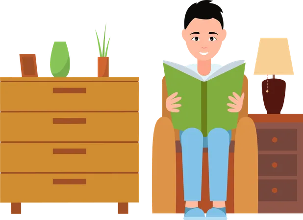 Man sitting on Armchair and Reading Book at Home  Illustration