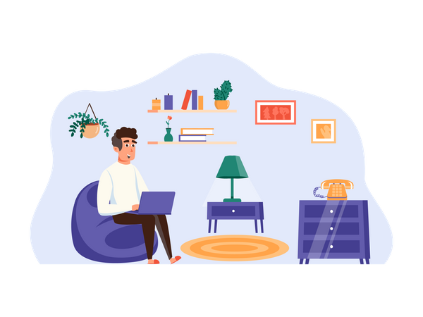 Man sitting on beanbag and doing freelancing work  Illustration