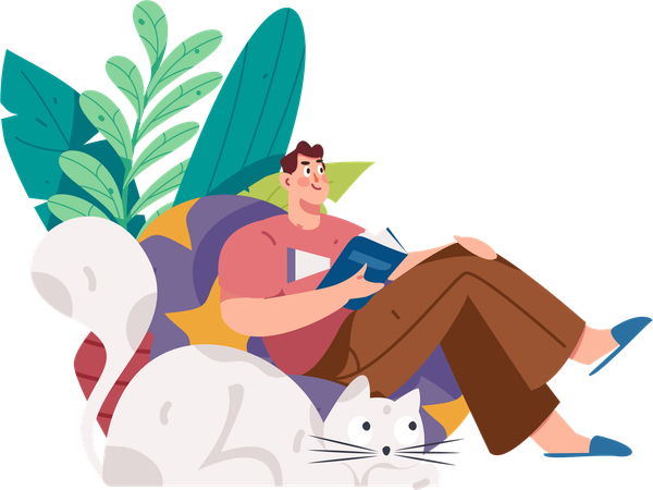 Man sitting on beans bag while reading book at home  Illustration