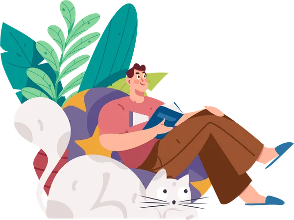 Man sitting on beans bag while reading book at home  Illustration