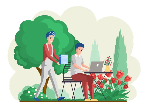Man sitting on bench in city park and working with laptop Illustration