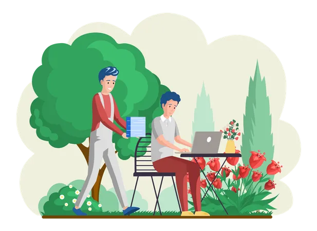 Man sitting on bench in city park and working with laptop  Illustration