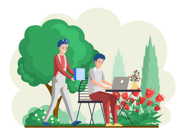 Man sitting on bench in city park and working with laptop  イラスト