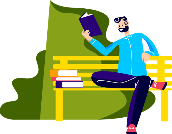 Man sitting on bench in park and reading books  Illustration