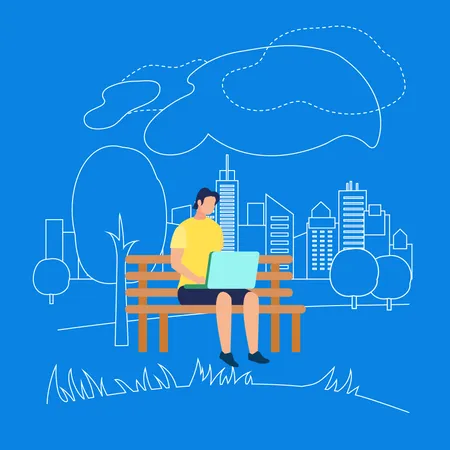 Man Sitting on Bench in Park with Laptop Illustration