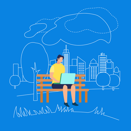 Man Sitting on Bench in Park with Laptop  Illustration