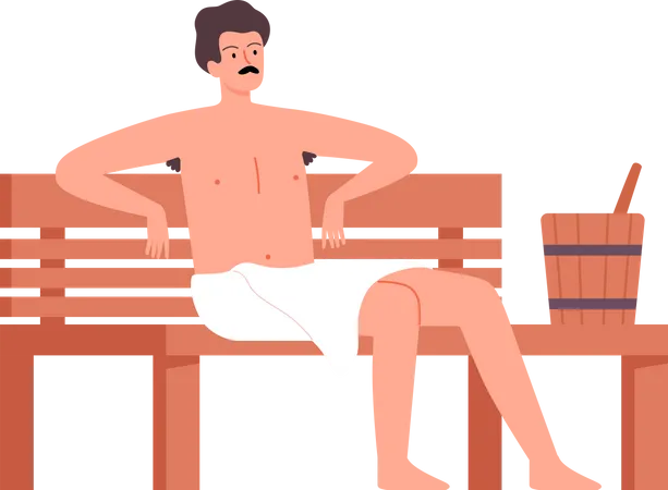 Man sitting on bench in sauna spa  Illustration