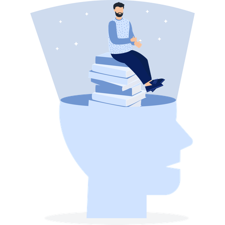 Man Sitting on Books Inside a Head Education  Illustration
