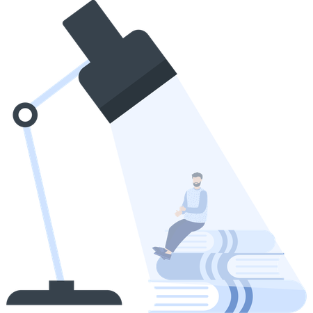 Man Sitting on Books Under a Desk Lamp Education  Illustration