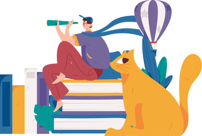 Man sitting on books while find education vision  Illustration