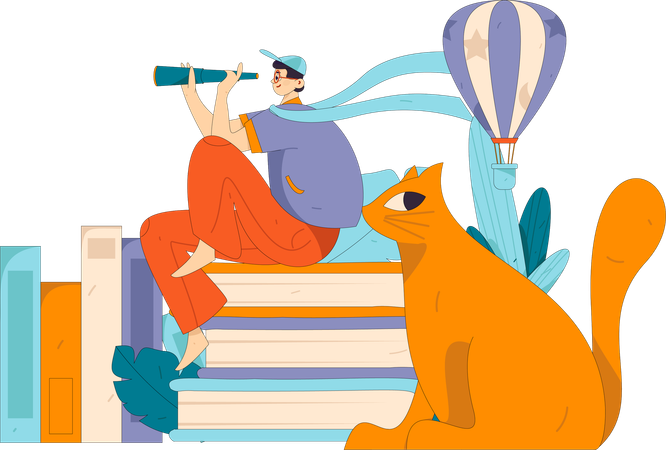 Man sitting on books while find education vision  Illustration