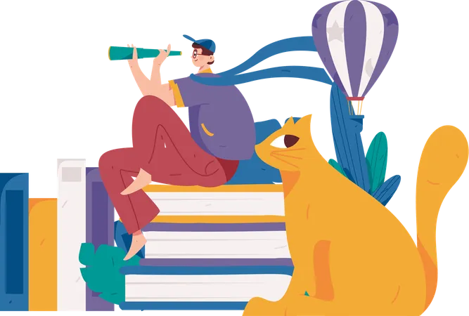 Man sitting on books while find education vision  Illustration