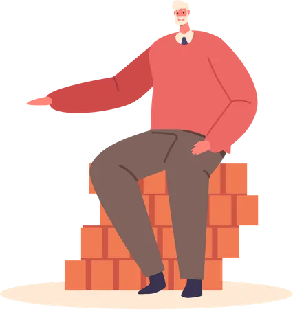 Man Sits On A Brick Wall Enjoying A Moment Of Relaxation And Contemplation Metaphor Of Stability Mature Smiling Male Character Isolated On White Background Cartoon People Vector Illustration Illustration