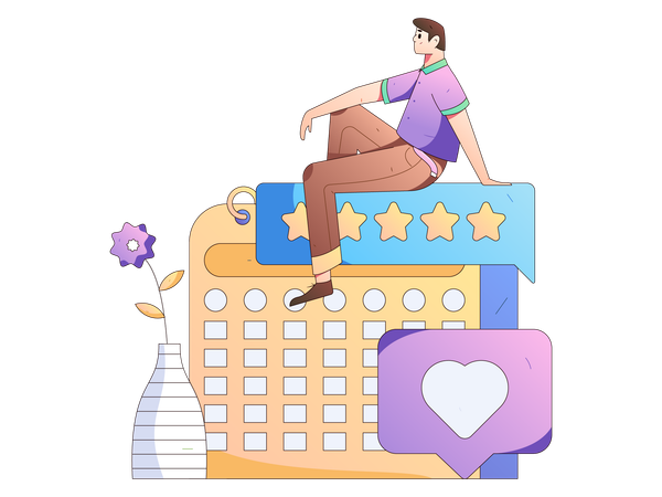 Man sitting on calendar while looking review  イラスト