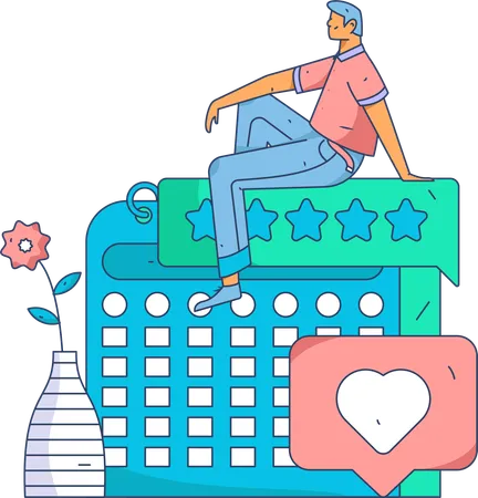 Man sitting on calendar while looking review  イラスト