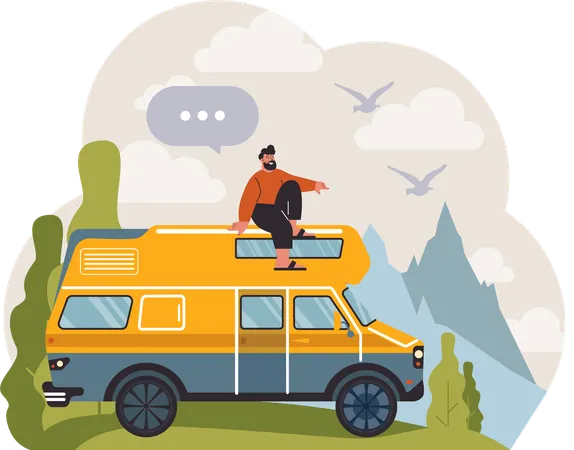 Man sitting on camping van  Illustration