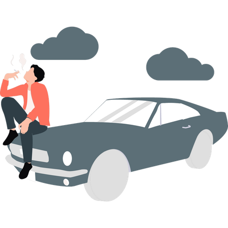 Man sitting on car smoking cigarette  Illustration