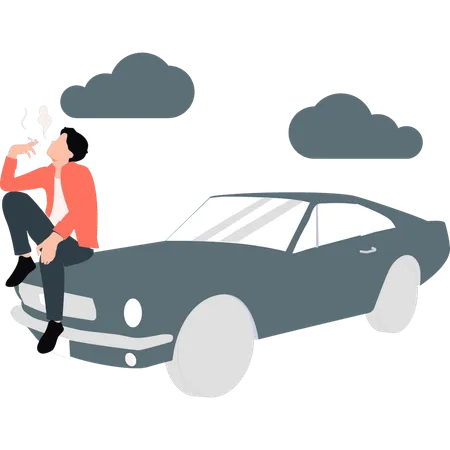 Man sitting on car smoking cigarette  Illustration