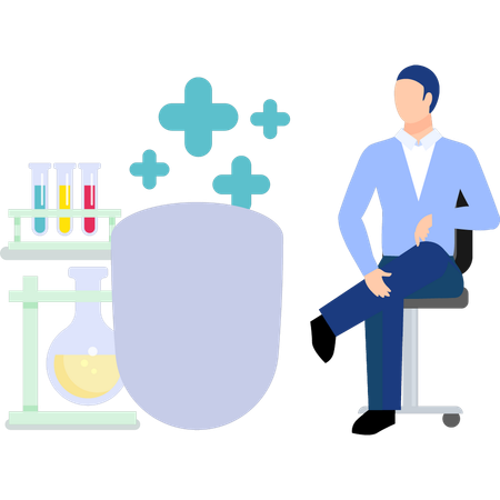 Man sitting on chair and doing medicine testing  イラスト