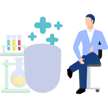 Man sitting on chair and doing medicine testing  Illustration