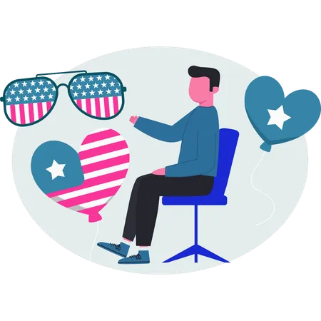 Man sitting on chair and looking American design balloon  Illustration