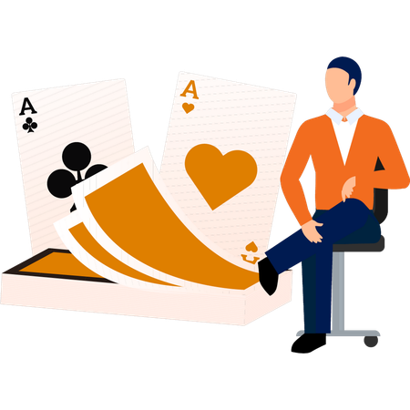 Man sitting on chair and looking at poker cards  Illustration