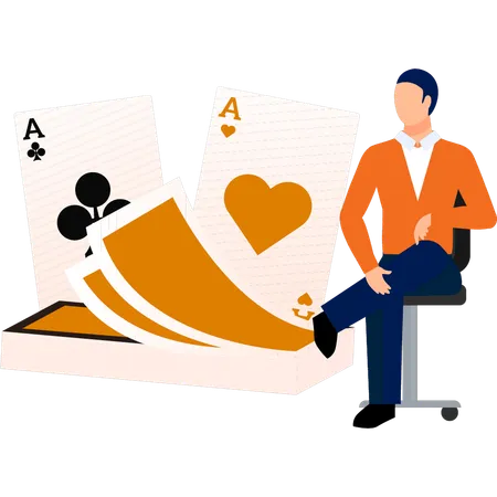 Man sitting on chair and looking at poker cards  Illustration