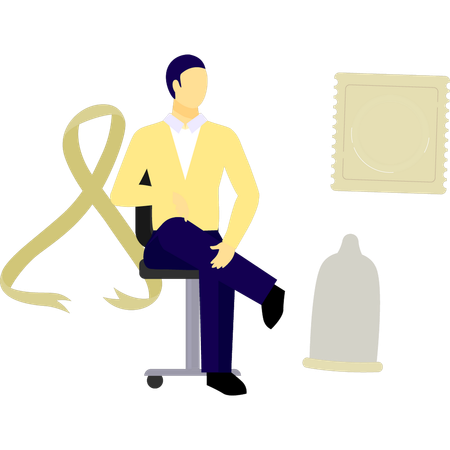 Man sitting on chair and looking condom packet  Illustration