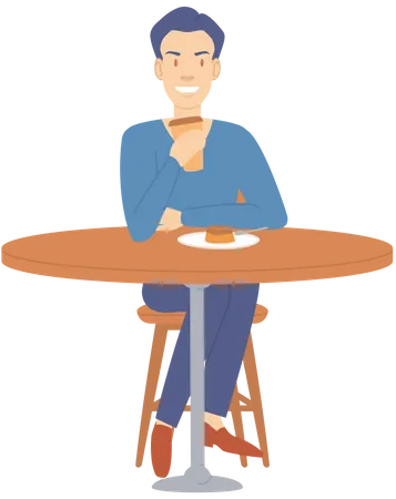 Man Sitting On Chair Drinking Coffee Or Tea And Eating Cake In Cafe Person Spends Time At Home Alone Guy Resting With Drink And Food On Comfortable Chair Male Character During Day Off Weekend Illustration