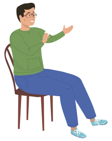 Man sitting on chair holds card Illustration