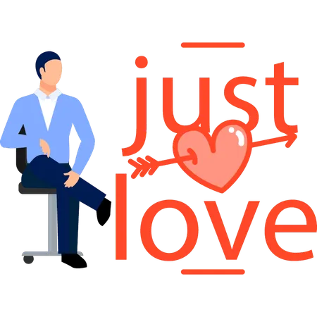 Man sitting on chair looking at love tag  Illustration