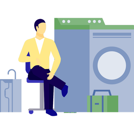 Man sitting on chair looking laundry machine  Illustration