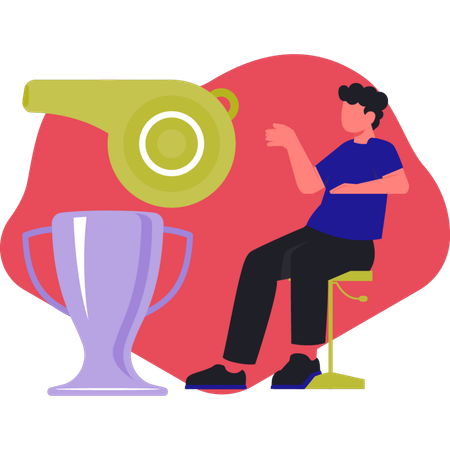 Man sitting on chair looking referee whistle  Illustration