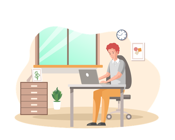 Man sitting on chair while doing working from home  Illustration