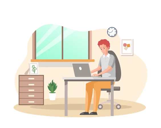 Man sitting on chair while doing working from home  Illustration