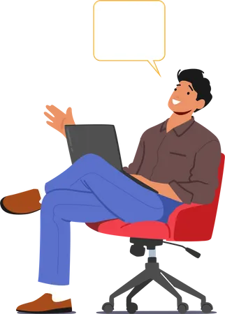 Man Sitting on Chair with Laptop and Speech Bubble in Office Illustration