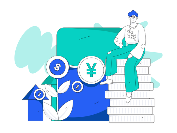 Man sitting on coins stack  イラスト