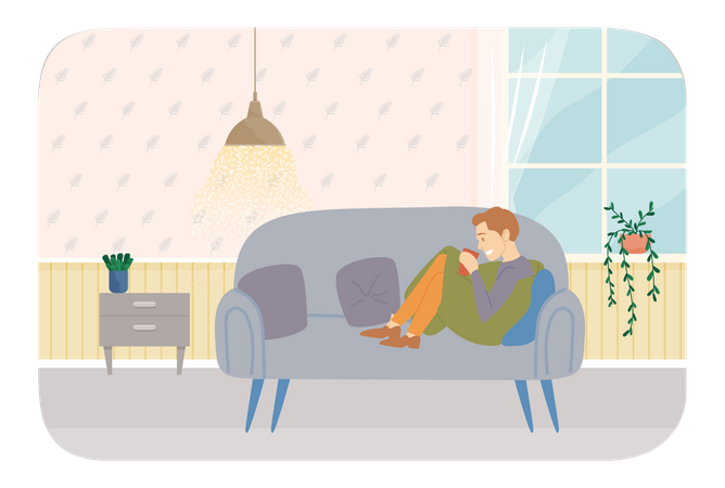 Man sitting on couch and drinking coffee or tea  Illustration