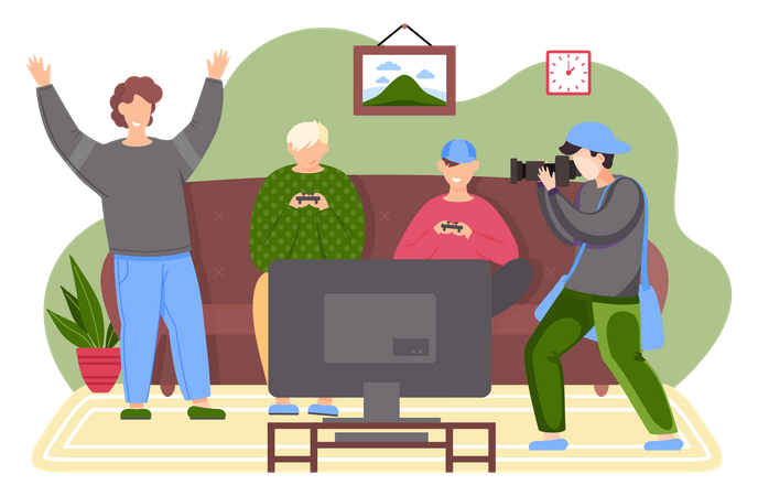 Man sitting on couch and playing game on the console  Illustration