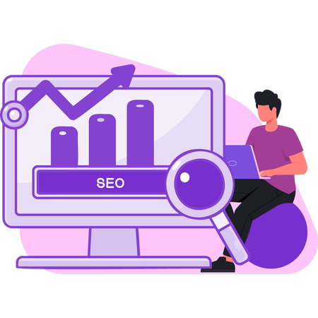 Man sitting on couch and works on SEO graph  Illustration