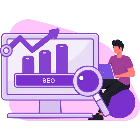 Man sitting on couch and works on SEO graph  Illustration