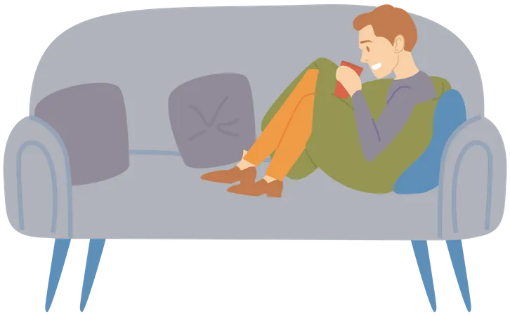 Man Sitting On Couch Drinking Coffee Or Tea Person Spends Time At Home Alone Vector Illustration Guy Resting With Drink On Comfortable Sofa Male Character In Apartment During Day Off Weekend Illustration