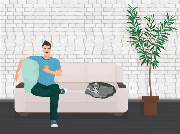 Man sitting on couch drinking hot beverage  Illustration