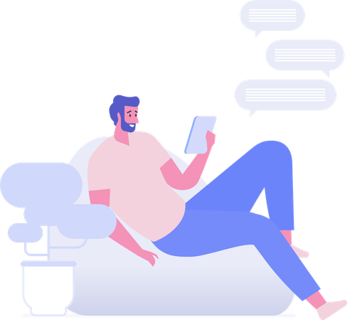 Man sitting on couch while watching chat on tablet  Illustration