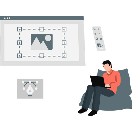 Man sitting on couch working on laptop  Illustration